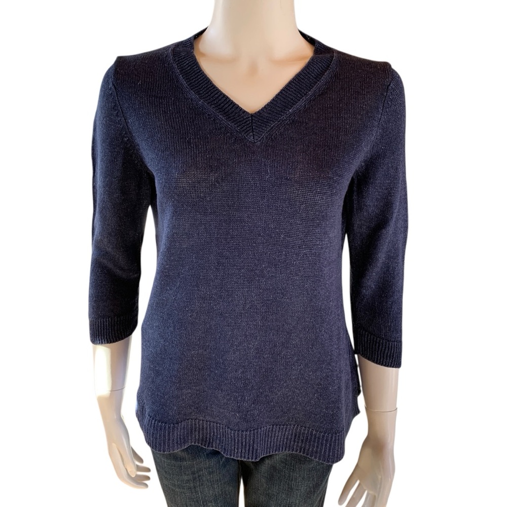 Talbots Petites Blue Linen Knit V Neck Top 3/4 Sleeve Size LP